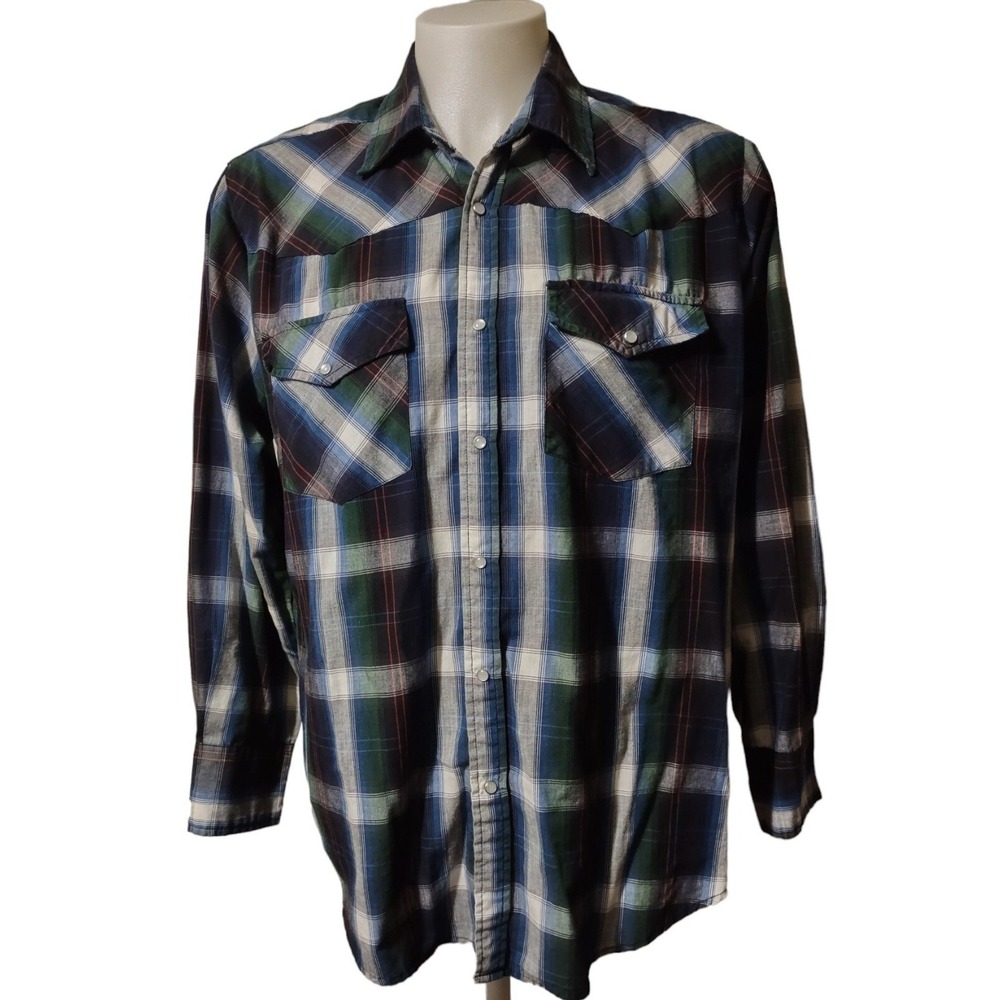 Bit Bridle Western Shirt Men's XL Pearl Snap Long Sleeve Plaid Cowboy Button Up.